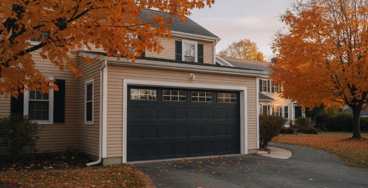 Raised-panel garage door on a clapboard New England house in autumn